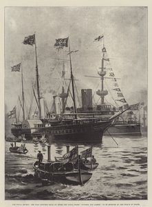 Naval Review, flaggoffiserene som går om bord på Royal Yacht Victoria og Albert for å bli mottatt av prinsen av Wales